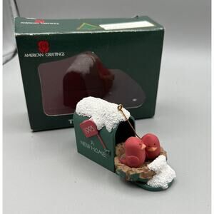 American Greeting Card Ornament A New Nest Red Birds Green 1993 2 ins. China